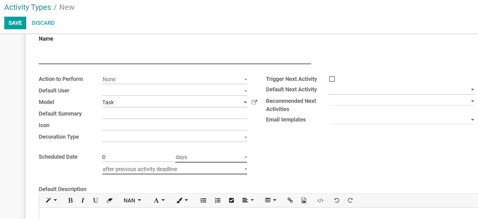 Overview of the activity types form in Odoo Project