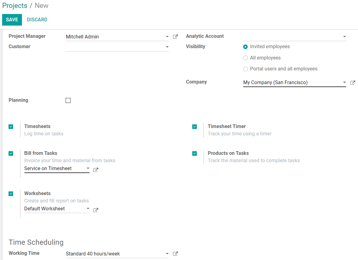 Click on create and enable multiple options for an advanced project in Odoo Project