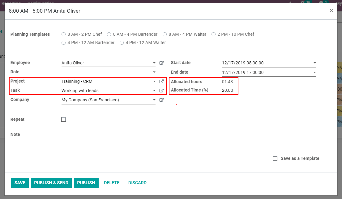 Planning form to choose the project, task and allocated hours in Odoo Planning