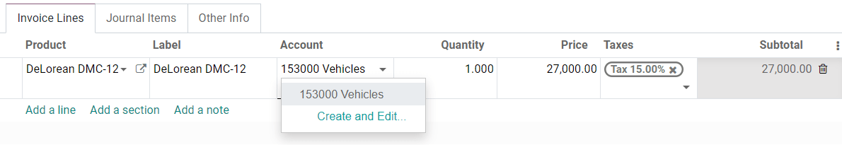 Selection of an Assets Account on a draft bill in Odoo Accounting