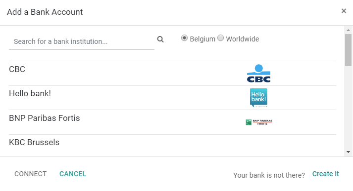 Select a bank institution in the list and connect it to Odoo Accounting