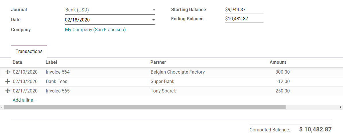 Register bank statements manually in Odoo Accounting