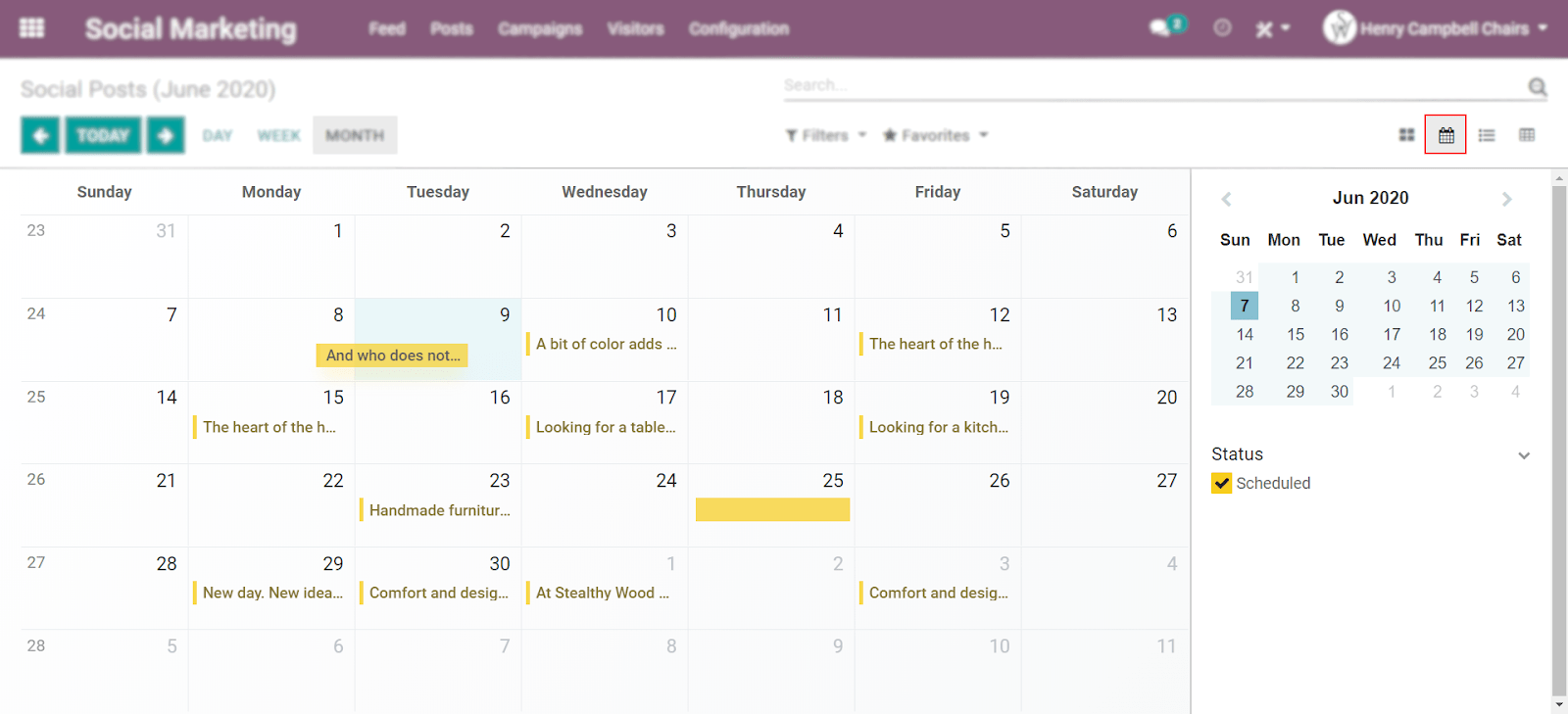 Click on the calendar view option in Odoo Social Marketing