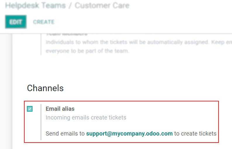 View of the settings page of a helpdesk team emphasizing the email alias feature in Odoo Helpdesk