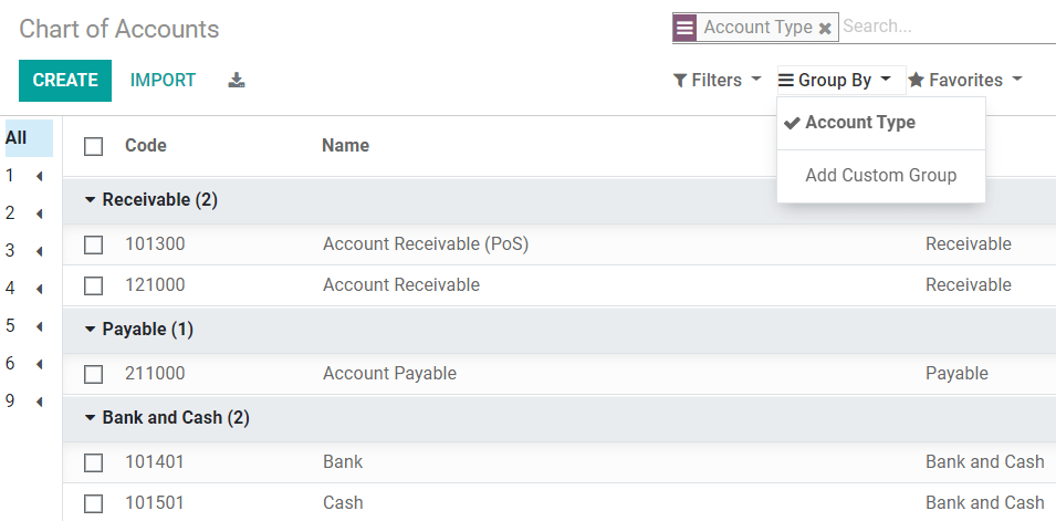 Group the accounts by type in Odoo Accounting