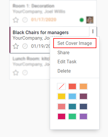 Click on the drop down menu and set a cover image in Odoo Project