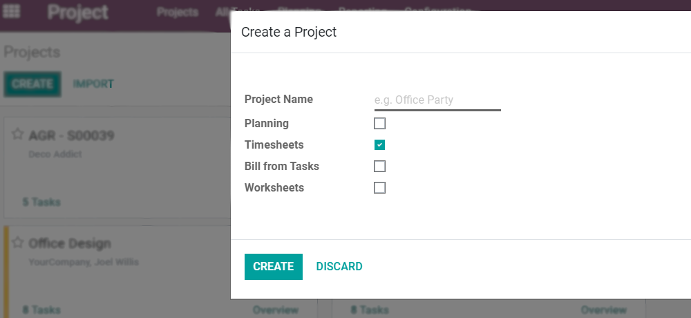 Click on create to start a new project in Odoo Project