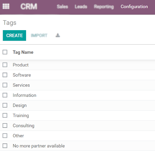 Click on Create to create Tags in Odoo
