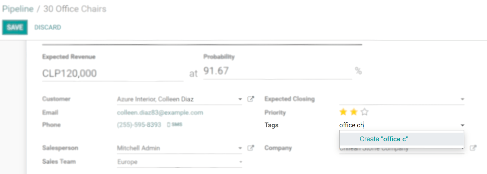 Type the name of the tag on the field and create and edit a tag in Odoo