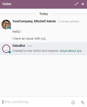 View of the chat window with a helpdesk ticket created in Odoo Live Chat