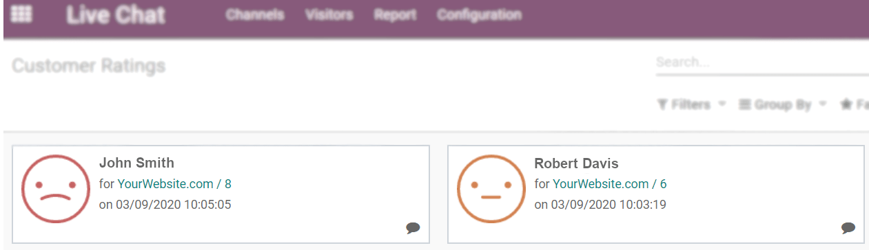 View of the customer ratings page in Odoo Live Chat