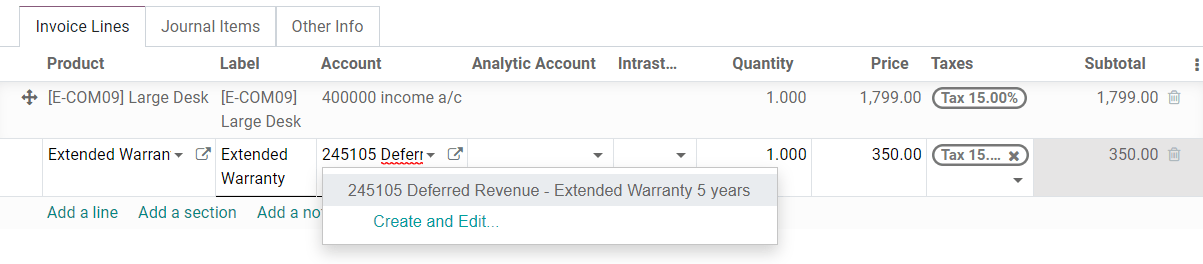 Selection of a Deferred Revenue Account on a draft invoice in Odoo Accounting