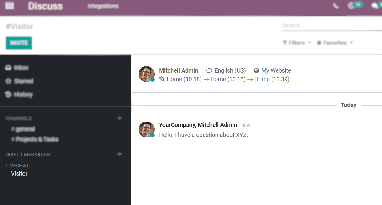 View of the discuss application with a message sent through live chat in Odoo