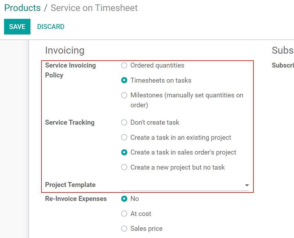 Choose the invoicing options under a product form in Odoo Timesheets application