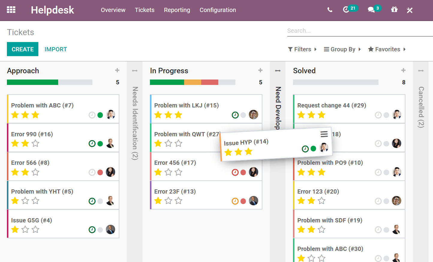 View of a team’s kanban view in Odoo Helpdesk