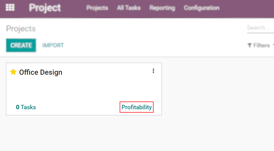 Profitability menu being shown on the dashboard view in Odoo Project