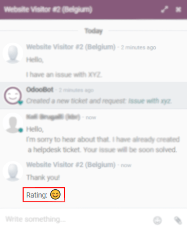 View of a chat window from an operator’s side highlighting a rating for Odoo Live Chat