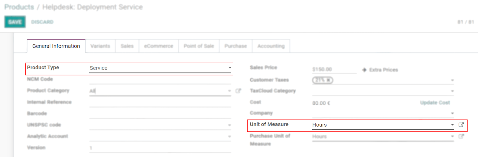 View of a product's form emphasizing the product type and unit of measure fields in Odoo Sales