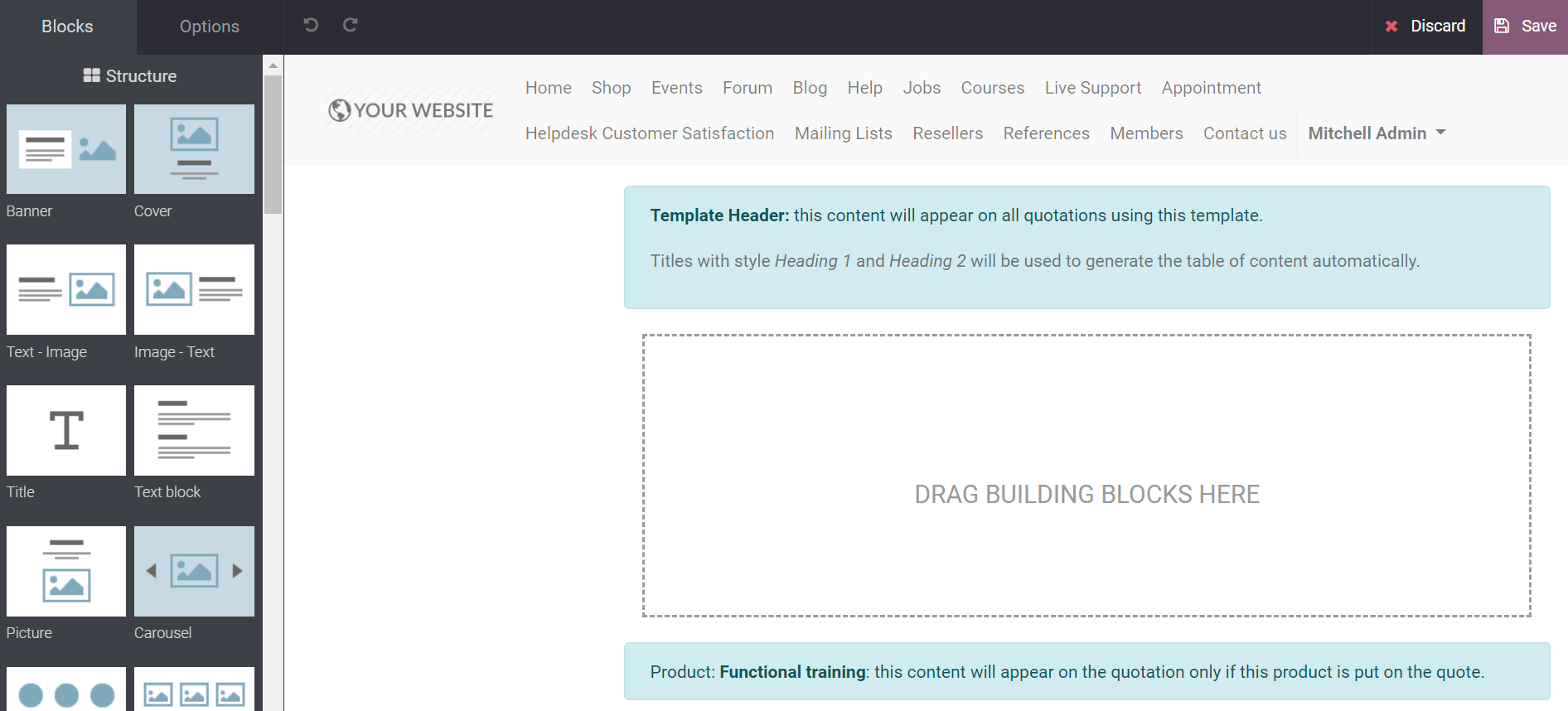 Drag & drop building blocks to create your quotation template on Odoo Sales