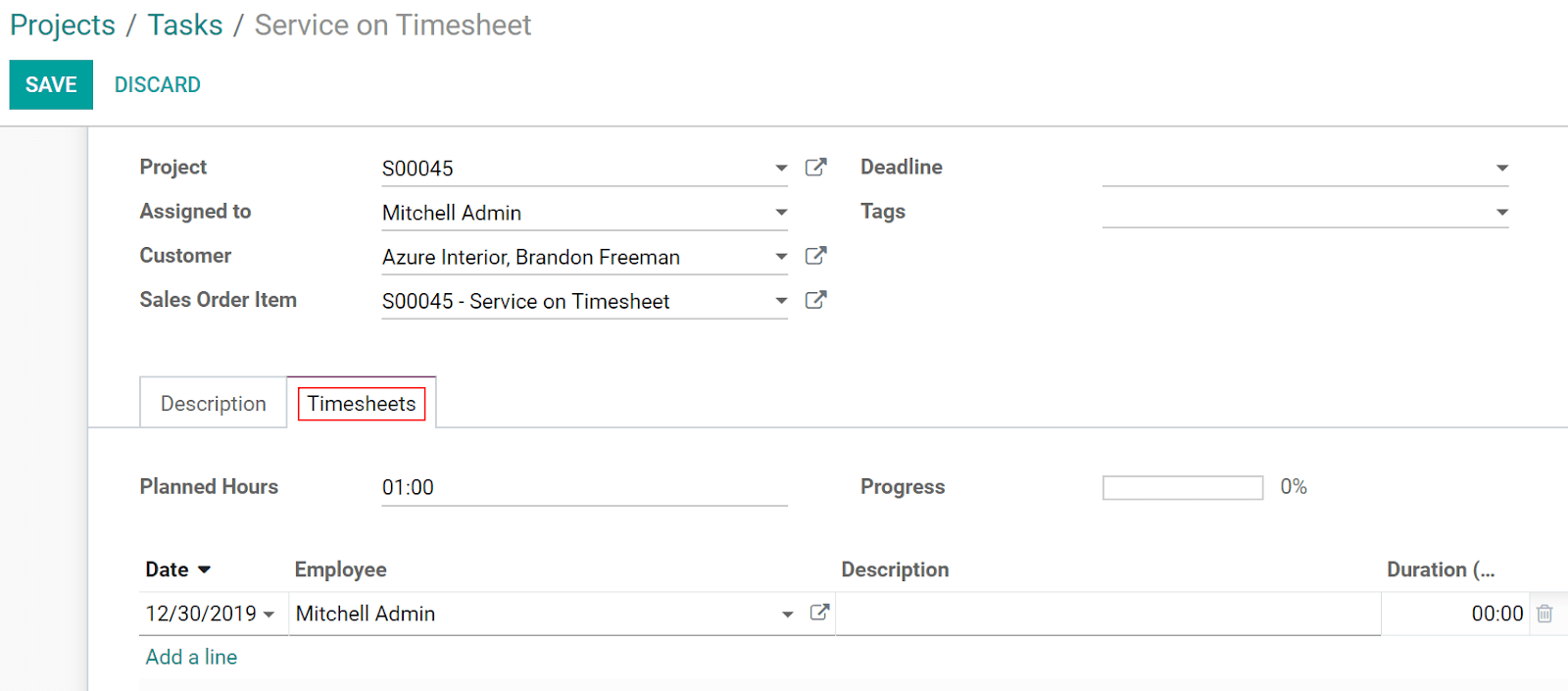 Access the task and under the tab timesheet record the time spent in Odoo Project