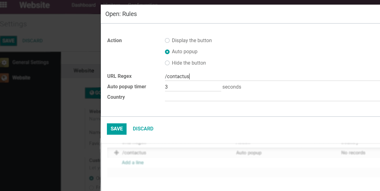 View of a channel’s rules form for Odoo Live Chat