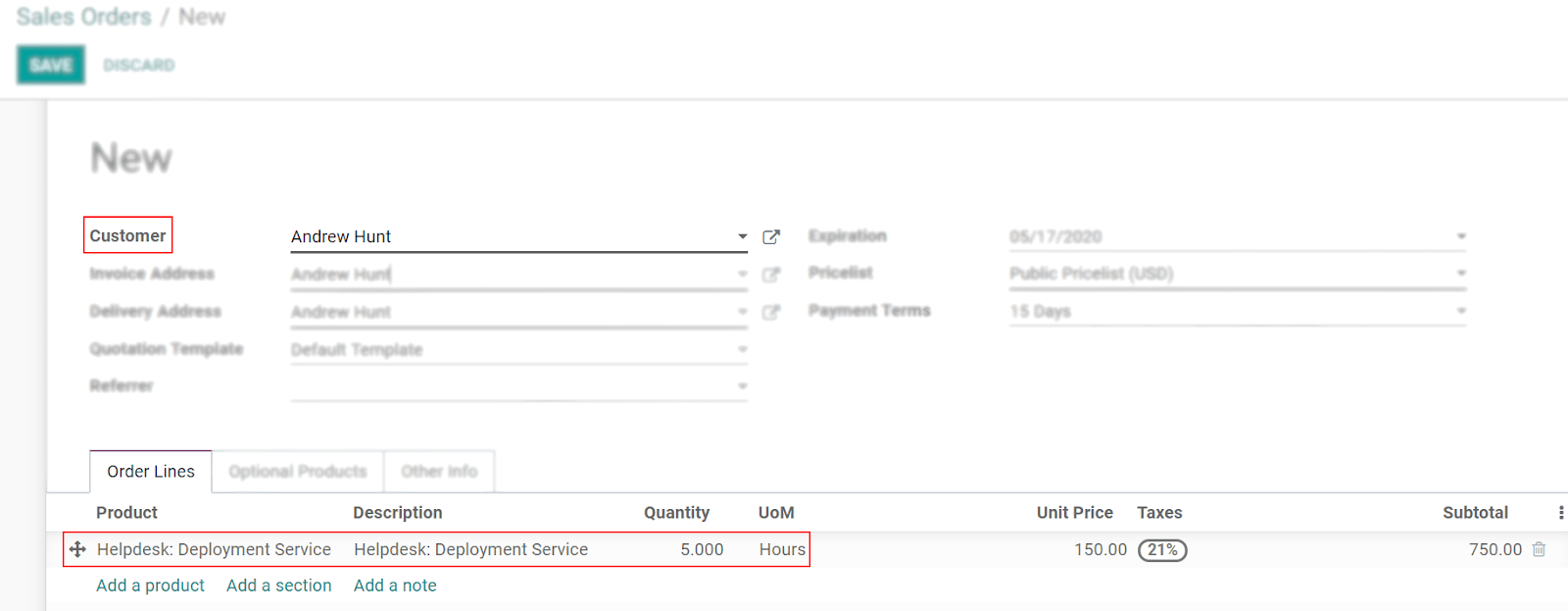 View of a sales order emphasizing the order lines in Odoo Sales