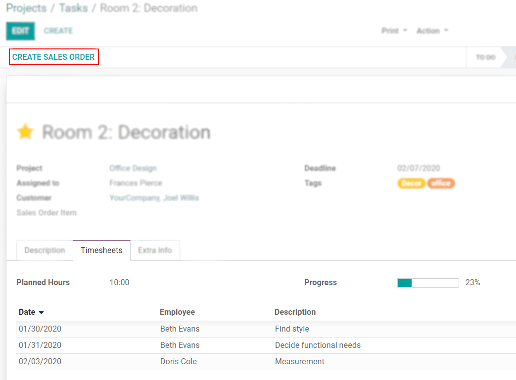 Have the sales order menu and the timesheet tab being shown under a task in Odoo Project