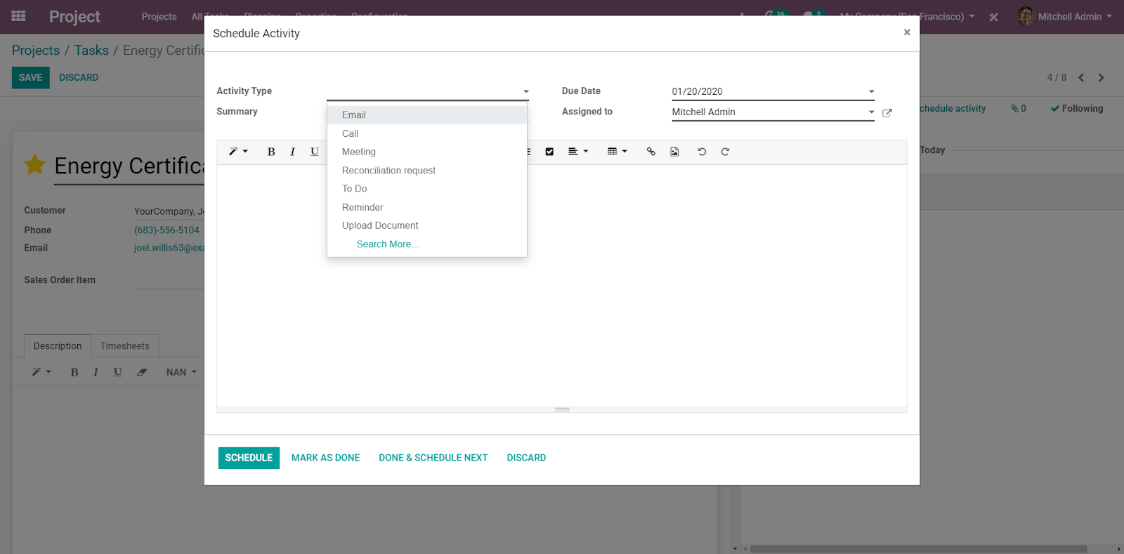 Click on schedule activity and choose the activity to be scheduled in Odoo Project