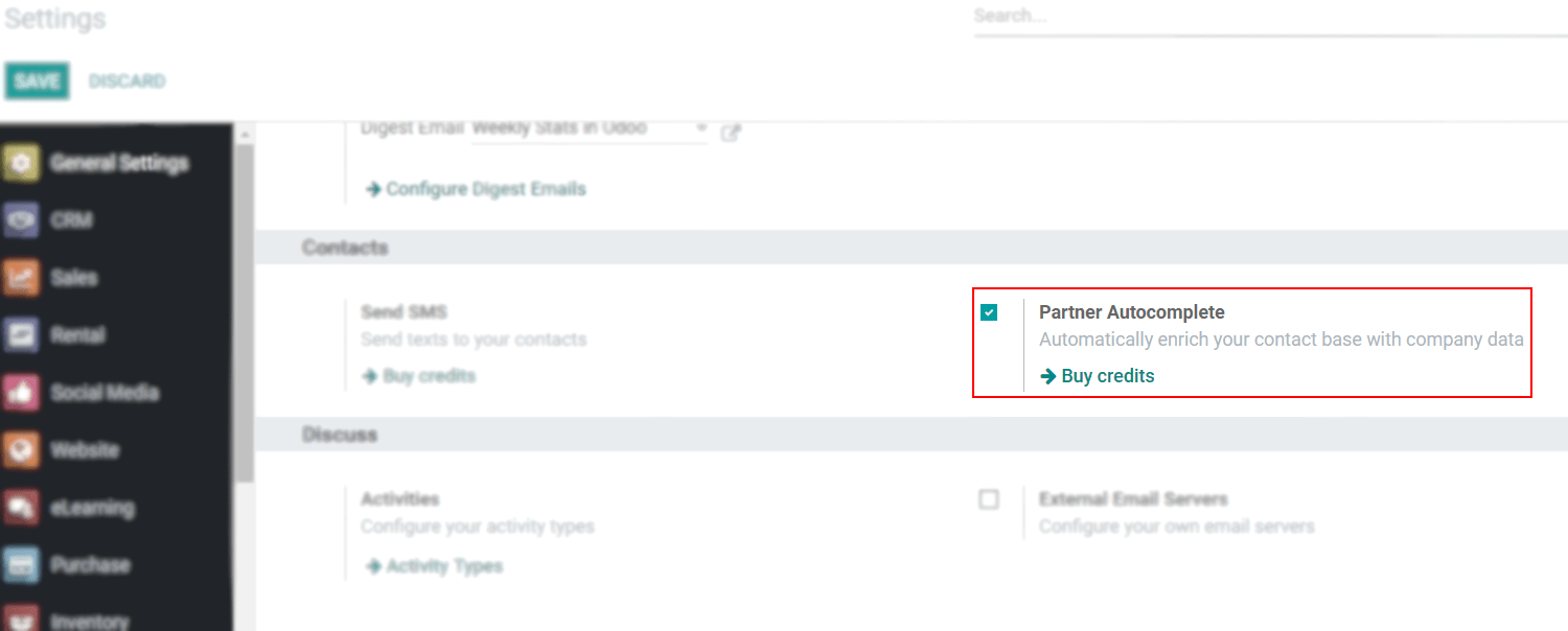 View of settings page and the activations of the feature in Odoo