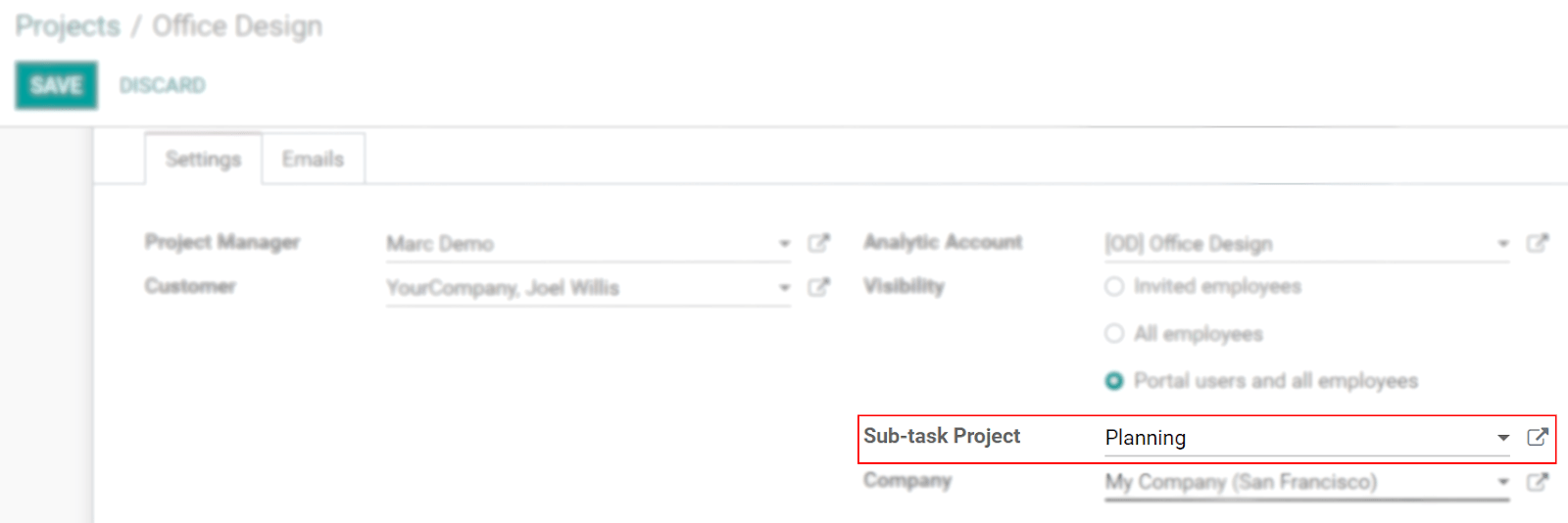 Under the settings of a project, select the sub-task project in Odoo Project