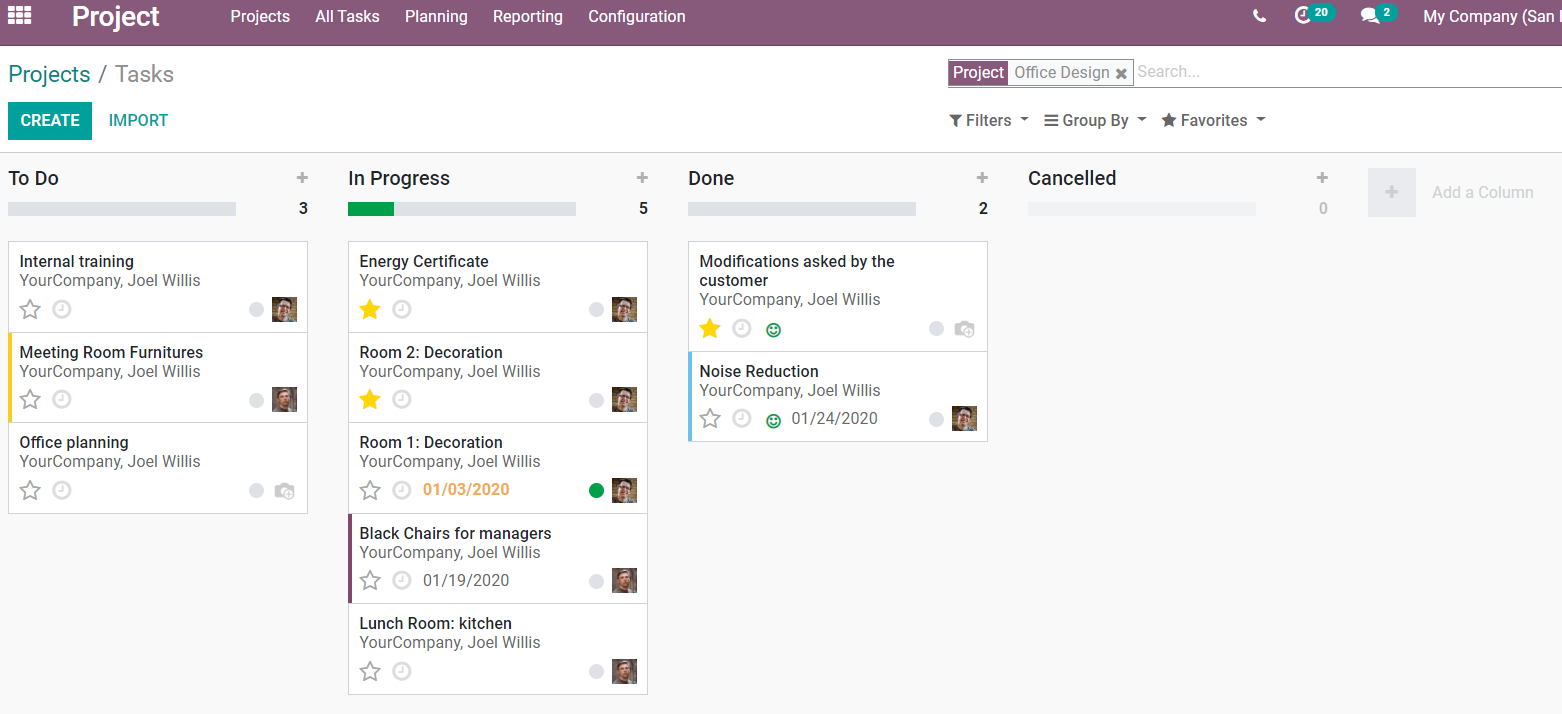 View of the stages created under a project in Odoo Project