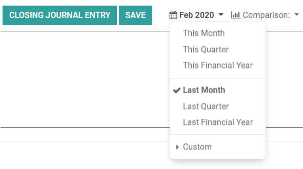Select the period for the tax return and create a closing journal entry in Odoo Accounting