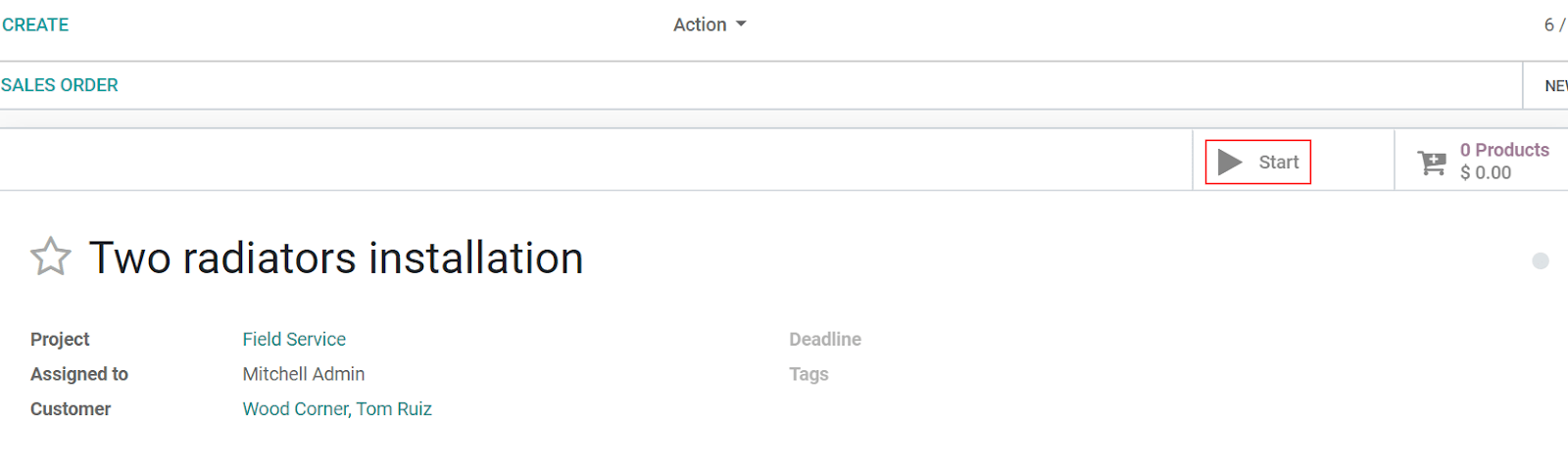 Click on start in the task to initiate the timer in Odoo Project Application