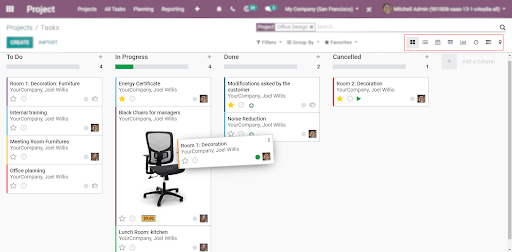Overview of the kanban view in Odoo Project