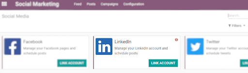 Go to configuration to link a linkedin account in Odoo Social Marketing