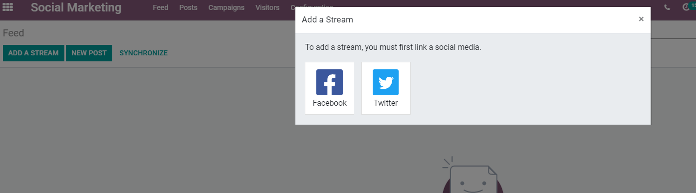 Click on add streams to add accounts in Odoo Social Marketing