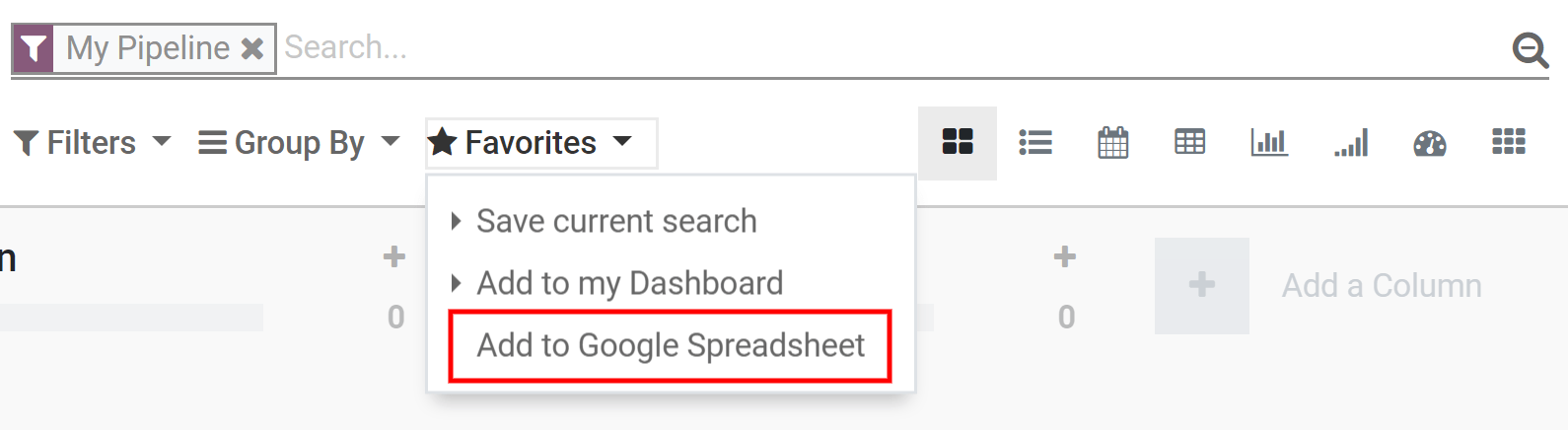 From the CRM application, for example, click on add to Google Spreadsheet in Odoo