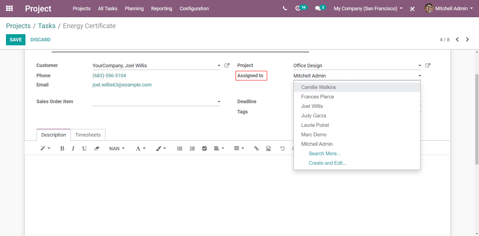 Choosing the responsible person for the task in Odoo Project