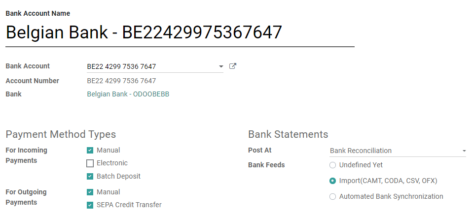 Advanced configuration of a bank account in Odoo Accounting