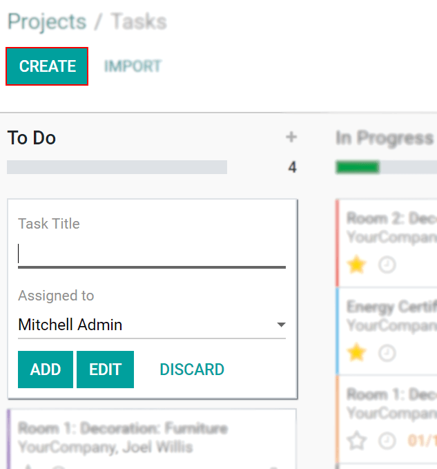 Click on create under a project to initiate a task in Odoo Project
