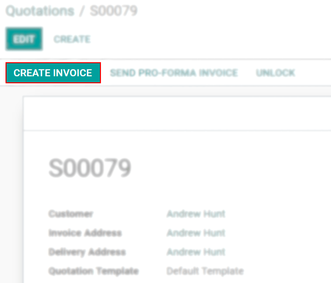 View of a sales order emphasizing the create invoice button in Odoo Sales