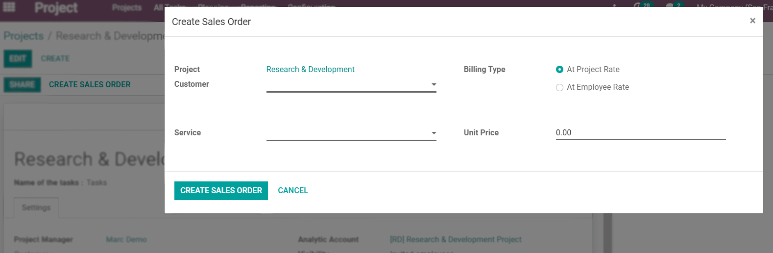 Click on create sales order and choose the billing type in Odoo Project