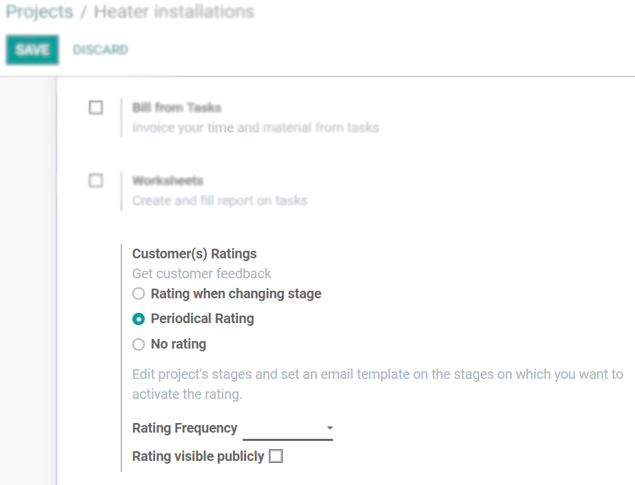 View of a project's form to choose the customer rating in Odoo Project