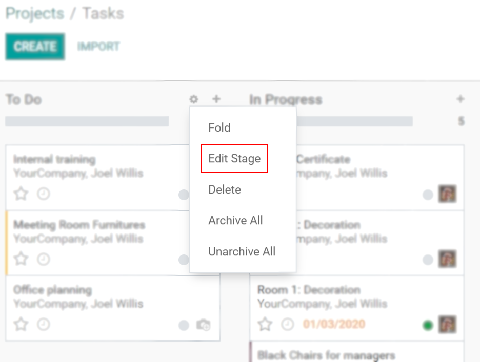 Click on settings then edit stage to edit in Odoo Project