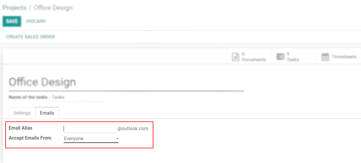 In the settings of your project, define the emails alias under the tab email in Odoo Project