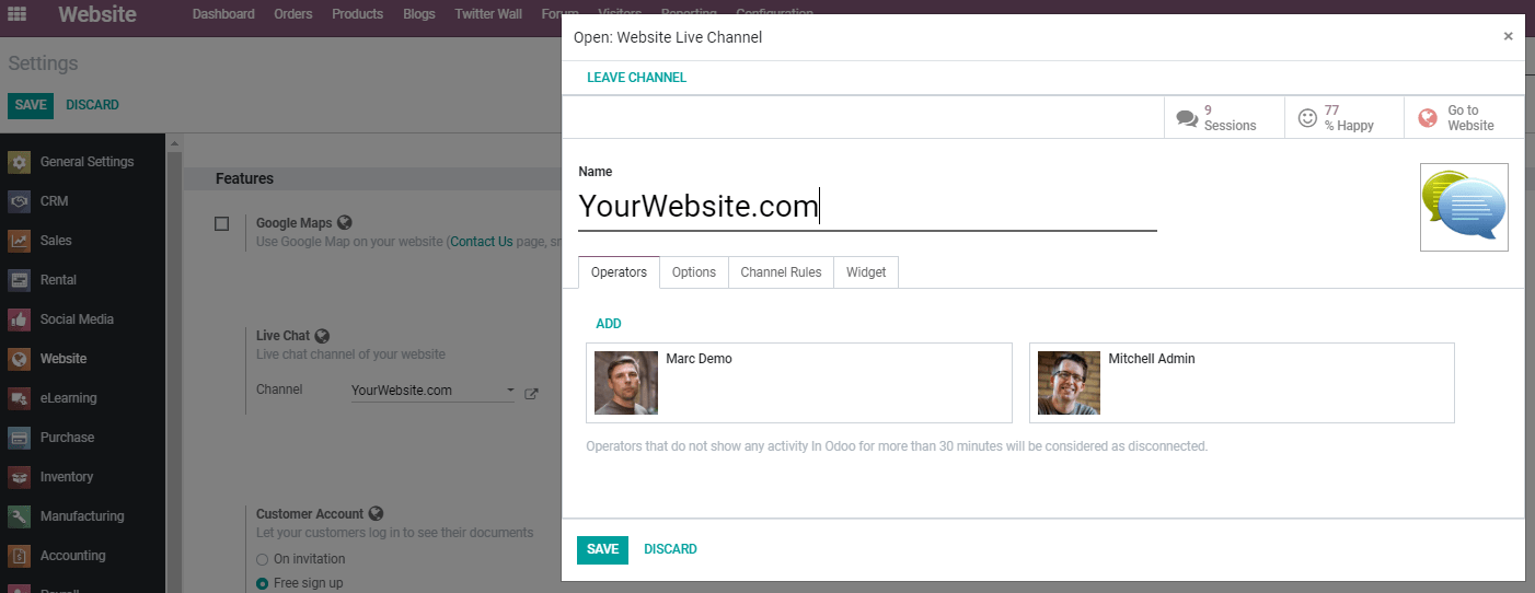 Enable live chat under website configurations for Odoo Social Marketing