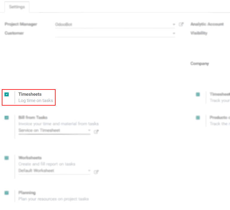 Under the settings of a project enable timesheets in Odoo Project