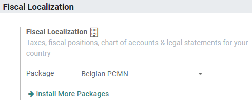 Select your country's fiscal localization package in Odoo Accounting.