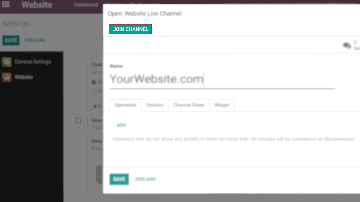 View of a channel form and the option to join a channel for Odoo Live Chat