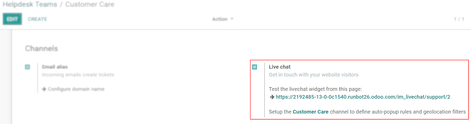 View of the settings page of a helpdesk team emphasizing the live chat features and links in Odoo Helpdesk